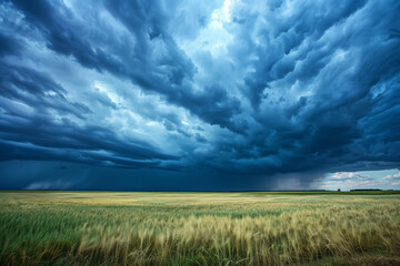 A dramatic stormy sky with dark, ominous clouds rolling in, thick with moisture and ready to unleash a powerful rainstorm over an open field.