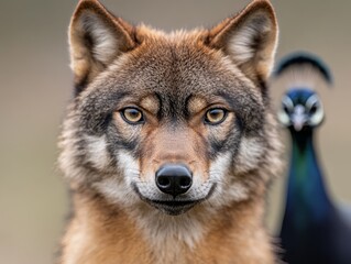 Fototapeta premium A close up of a wolf and a peacock