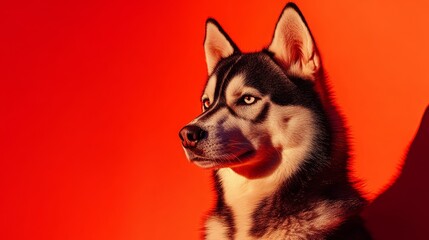 Fototapeta premium Intense Stare of a Husky: Fiery Red Background with Dramatic Shadows and Evening Light