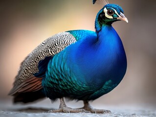 Fototapeta premium A peacock standing on the ground with its head turned to the side