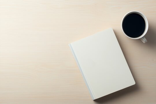 Minimalist flat lay with closed notebook and coffee cup on light wooden surface