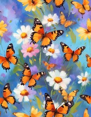 Fototapeta premium Colorful butterflies flutter gracefully above a vibrant array of wildflowers, creating a lively and cheerful atmosphere in a sunlit meadow. Generative AI