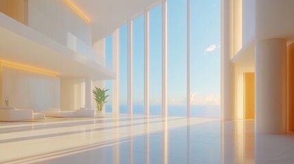 Fototapeta premium Modern white interior with large windows overlooking ocean and sky.