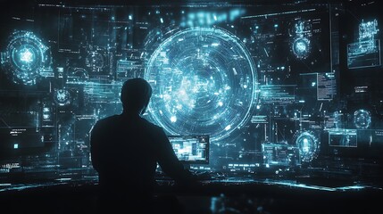 Futuristic image of a man working with AI-powered tools surrounded by digital symbols and holograms, showing tech connectivity