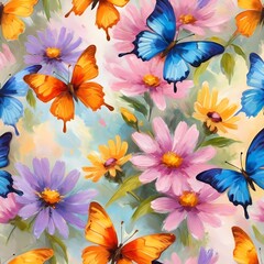 Fototapeta premium Colorful butterflies flutter gracefully above a vibrant array of wildflowers, creating a lively and cheerful atmosphere in a sunlit meadow. Generative AI