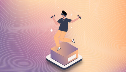 Flat vector illustration of a man wearing virtual reality glasses, engaging with a digital world. Future technology.	