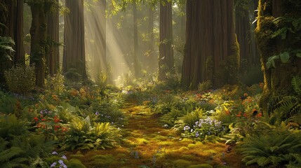 Obraz premium A dense forest floor covered in ferns, moss, and wildflowers, with towering trees providing shelter to a variety of bird and insect species. 