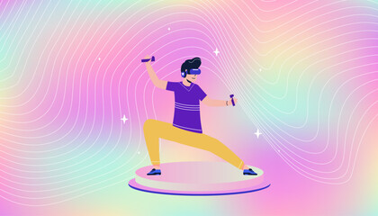 Flat vector illustration of a man wearing virtual reality glasses, engaging with a digital world. Future technology.	