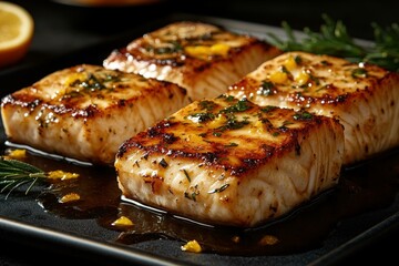 A Straight-On 0 shot of grilled swordfish with