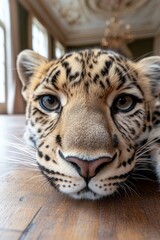 Fototapeta premium A close up of a leopard laying on a wooden floor