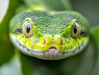 Fototapeta premium A close up of a green snake's face on a leaf