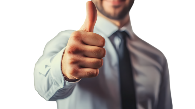 A business professional in a dress shirt and tie giving a thumbs up with a positive smile reflecting satisfaction and success isolated on a white background Large space for text in center Stock Photo - Powered by Adobe