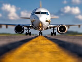 Naklejka premium A large passenger jet taking off from an airport runway