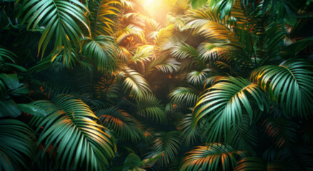 A dark green canopy of many palm tree leaves.