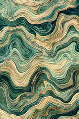 A flowing pattern of light brown, teal green and beige colors resembles undulating hills or waves, with intricate details that create depth and texture in a seamless design.