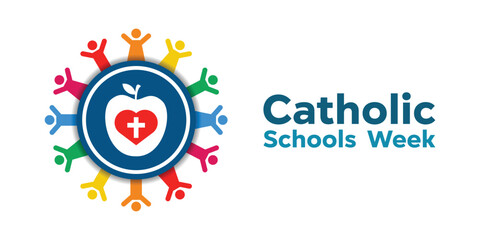 Fototapeta premium Catholic Schools Week. Peoples, cross and apple. Great for cards, banners, posters, social media and more. White background. 