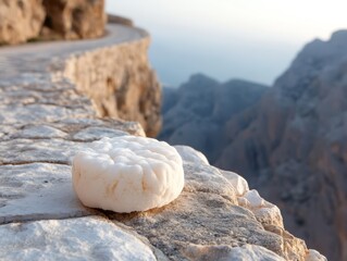 A white rock sitting on top of a rocky cliff