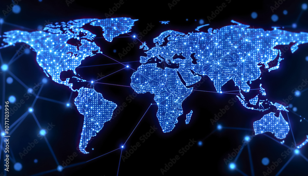 Poster illuminated digital world map with network lines glowing blue representing global connectivity