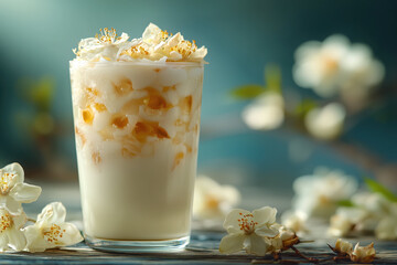 Elegant beverage with white chunks, flowers on wooden surface.