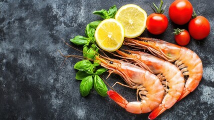 Raw shrimp with lemon slices, basil leaves, and cherry tomatoes on a dark background