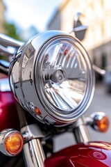 Fototapeta premium A close up of the headlight of a red motorcycle