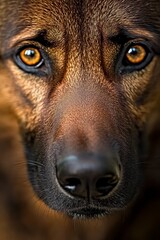  A close up of a dog's face with yellow eyes