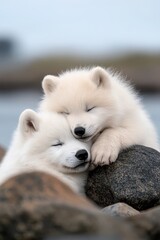 Obraz premium A couple of white dogs laying on top of a rock