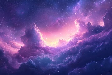 Fototapeta premium A stunning cosmic landscape with a vibrant array of pink and purple hues, filled with fluffy clouds and scattered stars.