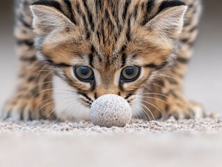 Naklejka premium A small kitten playing with a ball in the sand