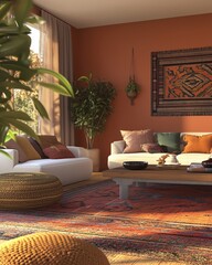 Warm Bohemian Living Room with Earthy Terracotta Walls, Eclectic Decor, and Colorful Textured Rug, Cozy Seating Area with Natural Light and Indoor Plants, Inviting Home Design with Rustic and Cultural