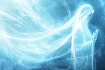 An abstract digital background banner featuring an icon of the Mother of God 