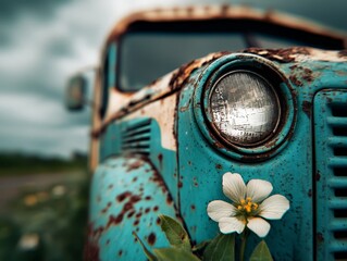 Fototapeta premium A blue truck with a white flower in front of it