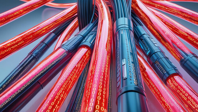 Dynamic broadband cables entwined with vibrant binary code create striking visual of futuristic technology and communication. This embodies innovation and connectivity