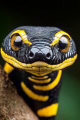 Obraz premium A close up of a yellow and black snake on a branch