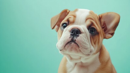 Fototapeta premium Playful Bulldog Puppy with Wrinkled Face Enjoying Sunlight on Mint Background.