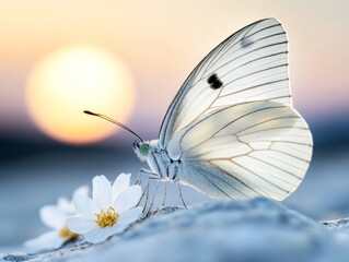 A white butterfly sitting on top of a white flower