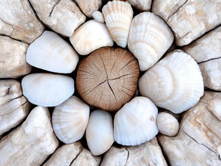 A circle of white shells sitting on top of a pile of rocks