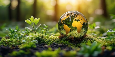 Captivating Glass Globe Depicting Earth Surrounded by Lush Greenery and Sunlight, Symbolizing Nature Conservation and Environmental Awareness in a Serene Setting