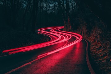 Curvy road illuminated by red light trails.
