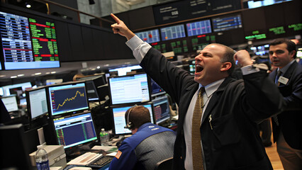 Fototapeta premium Brokers shouting orders and screens displaying stock market data