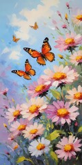 Colorful butterflies flutter gracefully above a vibrant array of wildflowers, creating a lively and cheerful atmosphere in a sunlit meadow. Generative AI
