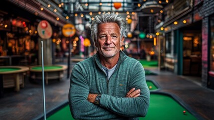 Fototapeta premium Man in a green sweater stands in front of a pool table. He is smiling and he is enjoying himself
