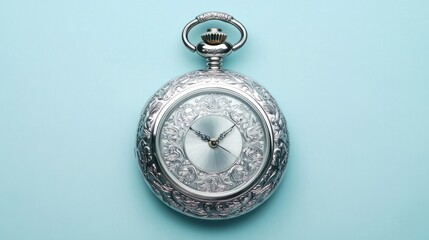 Silver pocket watch with an ornate case, isolated on pastel blue, representing time and luxury
