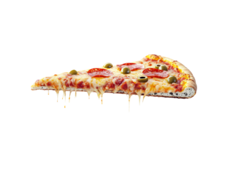 a slice of pizza with olives and pepperoni