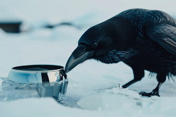 Fototapeta premium curious raven examining shiny object in snow