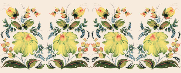 Floral seamless border pattern from hand drawn dahlia and chrysanthemum yellow flowers on a beige background