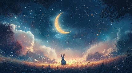 Obraz premium Experience the enchantment of a bunny in a glowing magical scene under the stars