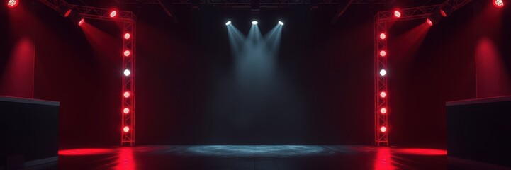 A dark stage is illuminated by red and white spotlights, creating a dramatic and exciting atmosphere