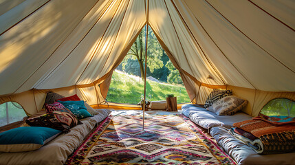 A cozy and inviting interior of a bell tent, adorned with colorful rugs and pillows.