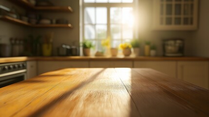 Kitchen counter with wooden surface and sunlight